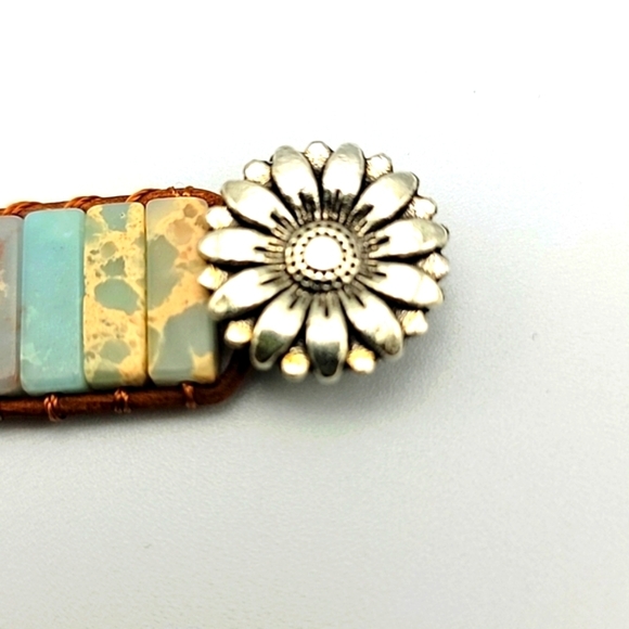 Adjustable Agalmatolite Natural Gemstone Boho Ethnic Genuine Leather Bracelet - Picture 8 of 8